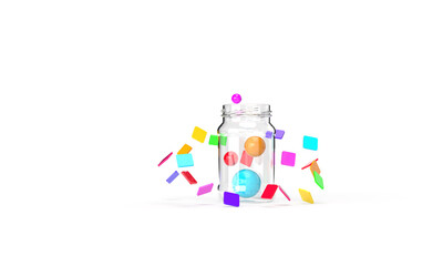 Transparent jar with colorful balloons and confetti. Illustration on the theme of children, games, holidays, gifts. 3d rendering, minimal style. White background.