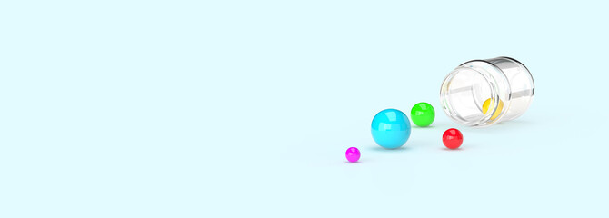 A glass jar with colorful balls. Illustration on the theme of games, consoles, entertainment, holiday. Minimal style, 3d rendering. Blue background.