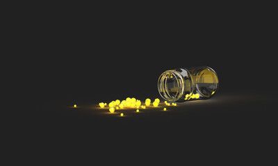 Glowing nuggets of gold poured out of a glass jar. Glowing gold on a dark background. 3D Illustration on the theme of wealth, money, finance, games, treasures. Minimal style.