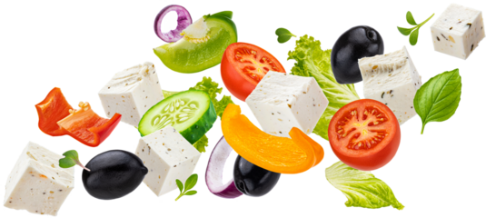 Falling greek salad isolated
