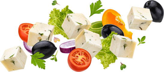 Falling greek salad ingredients isolated