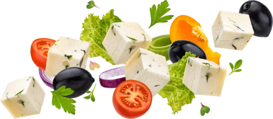 Fotobehang Falling greek salad ingredients isolated © xamtiw