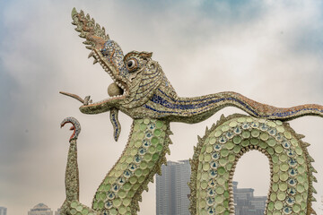 In Hanoi, Vietnam, closeup of one of the dragons in the famous Twin Dragons of West Lake monument.