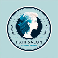 Logo designed for salon, makeover, hair stylist, haidresser, hair cut, empty space for text, white and blue tones. Generative AI.
