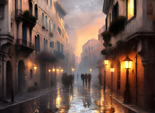 An atmospheric painting of a street in Venice after the rain at twilight with people in the street and lamplight reflected on the wet road. generative ai illustration.