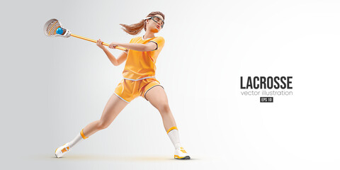 Fototapeta na wymiar Realistic silhouette of a lacrosse player on white background. Lacrosse player woman are throws the ball. Vector illustration