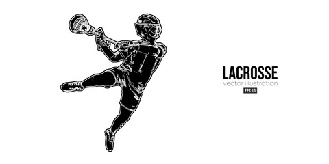 Abstract silhouette of a lacrosse player on white background. Lacrosse player man are throws the ball. Vector illustration