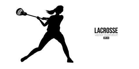 Abstract silhouette of a lacrosse player on white background. Lacrosse player woman are throws the ball. Vector illustration