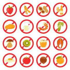 Allergen food flat icons set. Balanced nutrition. Ban to fruits and diary products. Allergy to nut, strawberry, honey