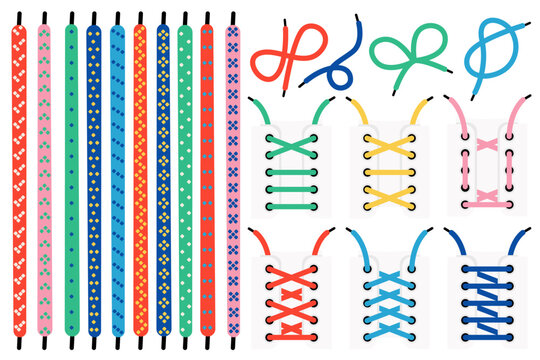 Colorful shoelaces flat icons set. Different colors laces for sneakers. Knot with bow. Thin cord for fastening shoes