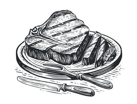 Grilled beef steak tenderloin with knife and fork on wooden cutting board. Grill food, engraved sketch vector