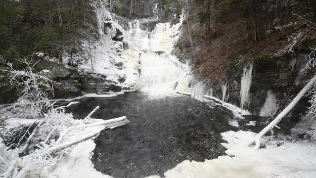 The three-tiered Raymondskill Falls is the tallest waterfall in Pennsylvania. Here it is shown on a bitter cold December day with ice formations. 