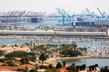 High angle view of the loading docks and cranes at the Ports of Long Beach and Los Angeles, from San Pedro, California.