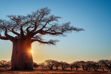 baobab on a dry sandy savannah in Africa, generative AI - obrazy, fototapety, plakaty
