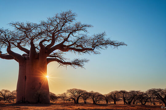 baobab on a dry sandy savannah in Africa, generative AI