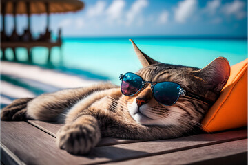 vacation on maldives, cat with sunglasses. Generative AI