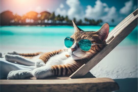 vacation on maldives, cat with sunglasses. Generative AI