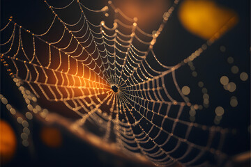 Spider web with dew drops, bokeh effect. Generative AI