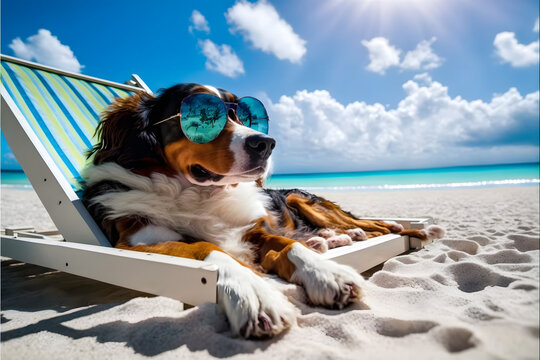 vacation on maldives, dog with sunglasses. Generative AI