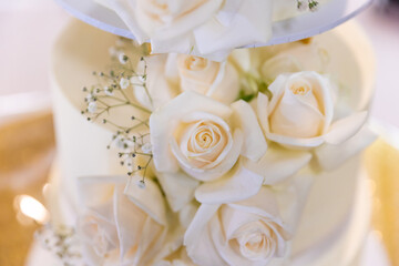 Beautiful white wedding cake decorated with white roses
