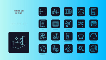 Fintech Startup Icons with black filled outline style