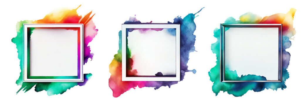 Set of square frames with colorful watercolor stains. Abstract multicolored paint texture isolated on white background