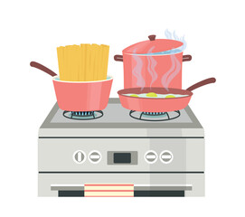 Cooking plate icon. Pink pots and pan, home cooking inventory, kitchen utensils. Graphic element for website. Cooking scrambled eggs, soup and spaghetti convcept. Cartoon flat vector illustration