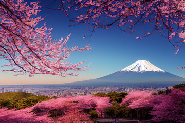 Cherry blossom Trees with Mountain Landscape, Generative AI