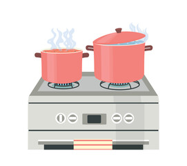 Cooking plate icon. Two large pink pots of boiling water are on fire. Stages and stages of cooking soup and pasta, tomato paste. Cafe or restaurant menu metaphor. Cartoon flat vector illustration