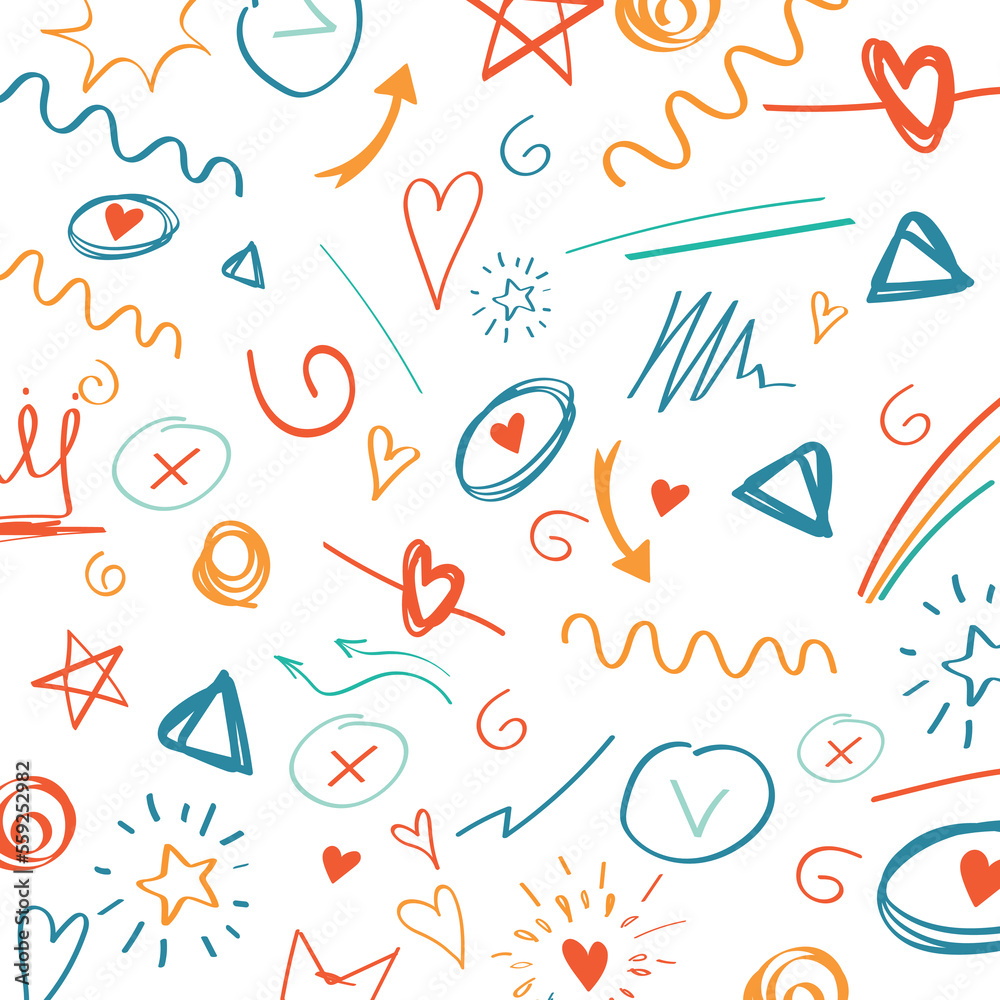 Wall mural doodle line seamless pattern. repeating design element for printing on fabric. speech bubble, heart 
