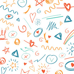 Doodle line seamless pattern. Repeating design element for printing on fabric. Speech bubble, heart and arrows, abstract drawing. Template, layout and mock up. Cartoon flat vector illustration