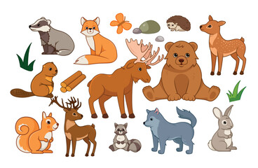 Forest animals kit. Collection of graphic elements for website. Elk, bear, squirrel and raccoon. Wolf, rabbit, beaver and hedgehog. Cartoon flat vector illustrations isolated on white background