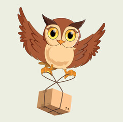 Flying owl holding Box, creative Illustration 3d Owl logo design - vector illustration