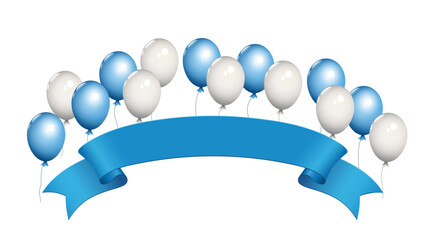 Gruppe mit fliegende blaue und weiße Luftballons und blaue blanko Banderole,
Vektor Illustration isoliert auf weißem Hintergrund
