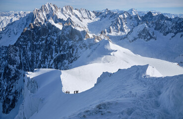 Grand Jorasses and freeriders, extreme ski, Aiguille du Midi, French Alps