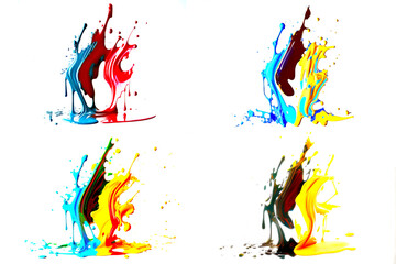 Fototapeta na wymiar 4 Colorful Ink paint splash brushes. splatter paint splattered spray. Spray paint isolated on White Background. Drips ink splatters, Inkblots set.