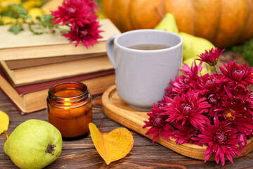 Composition with beautiful chrysanthemum flowers on wooden board