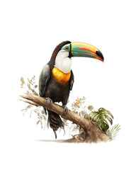 Toucan with colorful beak perched on a branch. Generative AI.