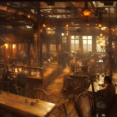 Fototapeta na wymiar Painting of the interior of an old fashioned English pub with people sat at tables surrounded by the warm glow of lamps. generative ai illustration.