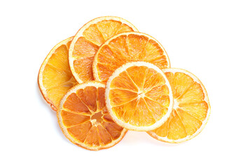 Delicious dry orange slices on white background, top view