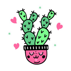 Cute cactus in a pot vector icon. Hand drawn doodle isolated on white. Funny prickly succulent. Smiling kawaii face on a flower pot. Flat cartoon clipart, childish illustration. For cards, posters