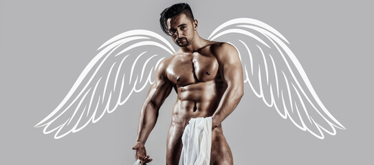 Naked muscular angel. Photo banner of sexy man with wings for valentines day. Sexy male model body, nude torso. Sexy naked man, seductive gay. Muscular shirtless man, attractive guy.