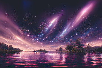 Starry night lake with bright star shine in the sky horizon reflecting on silky lake with splendid natural landscape in digital art generative AI. Beautiful natural scenery of purple light night.