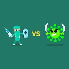 The battle between the doctor and the virus demon. Doctor who fought with the coronavirus(Covid-19). Virus protection concept. Vector illustration