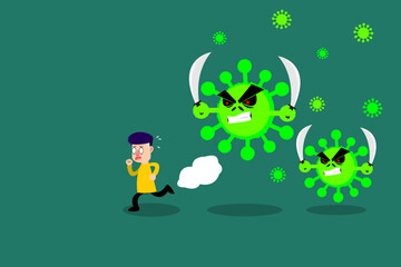 Man who is running away from the germs. Survival from coronavirus(Covid-19). Virus concept. Vector illustration