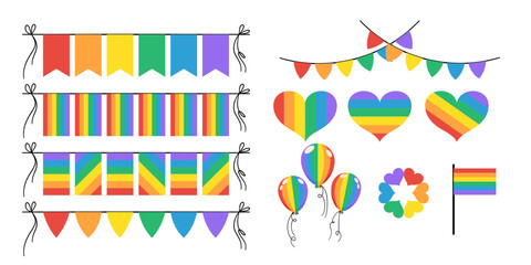 Wektorowa kolekcja symboli społeczności LGBTQ. Kolekcja tęczowych flag, girlandy, baloniki, serca. - obrazy, fototapety, plakaty