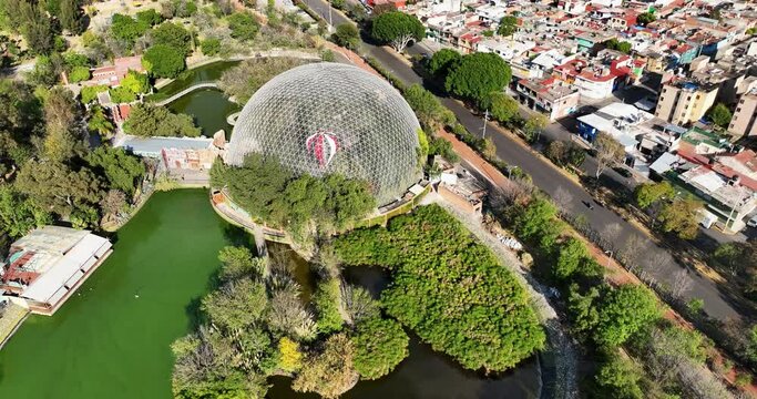 Aerial view of Park Ecologico Revolucion Mexicana in Puebla city in Mexico. A large artificial biosphere for various species of birds and animals.