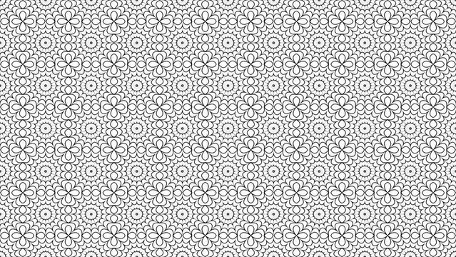 Hipnosis flowers in the net dynamic loop pattern on white background. Flowers tile filled pattern background loop. Creative hypnotic design backdrop.