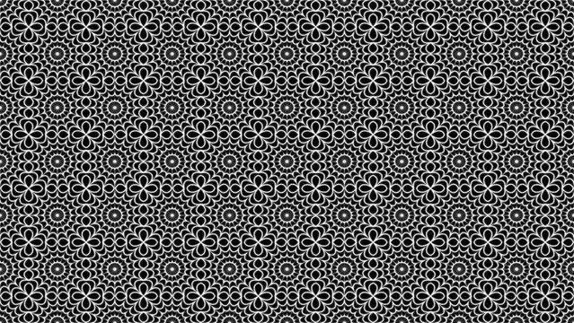 Flowers in the net tile filled pattern on black background loop. Creative hypnotic design backdrop. Hipnosis dynamic loop pattern.