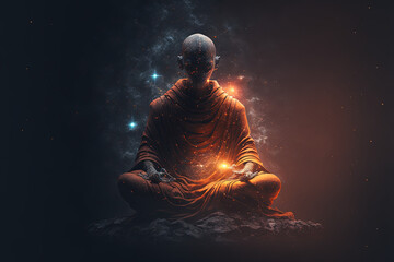 monk meditating and wearing a dark orange rob - obrazy, fototapety, plakaty